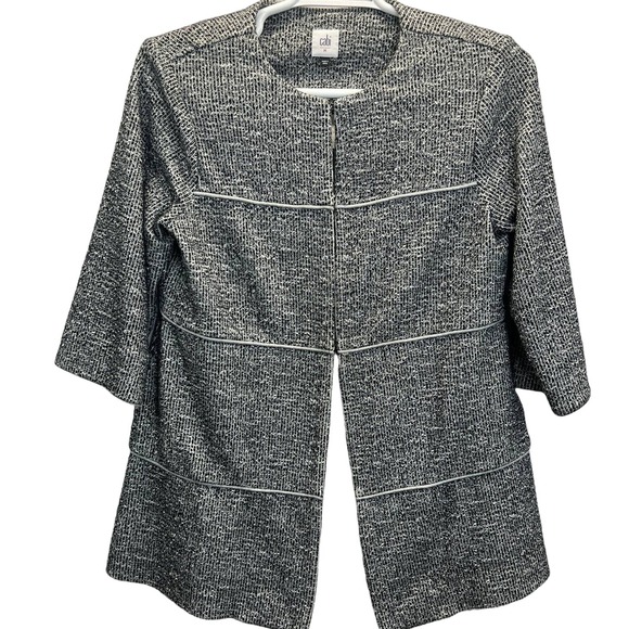 Cabi Topper Jacket M Open Front Tiered Knit Gray Black Office Casual Classic